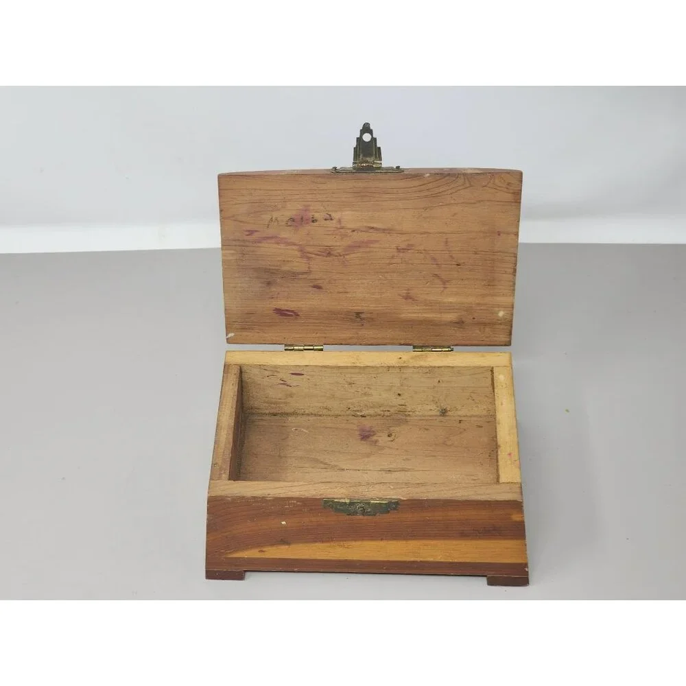 Vintage Small Cedar Wood Jewelry Keepsake Box Solid Wood Construction Stamped101